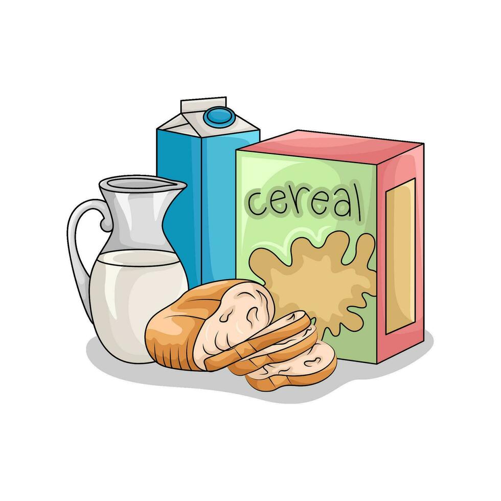 cereal box, milk with wheat bread illustration vector