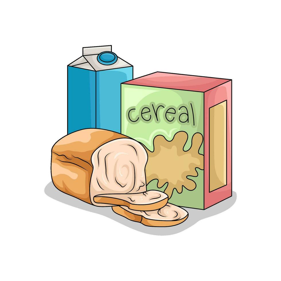 cereal box, milk with wheat bread illustration vector