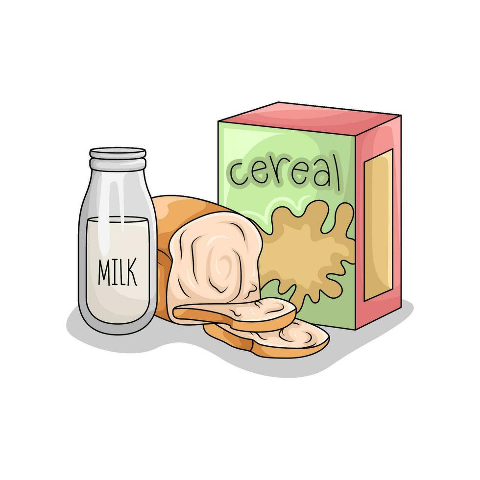cereal box, milk with wheat bread illustration vector