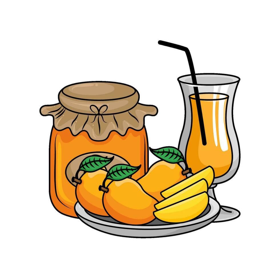 mango fruit in plate, jar jam mango with juice mango illustration vector