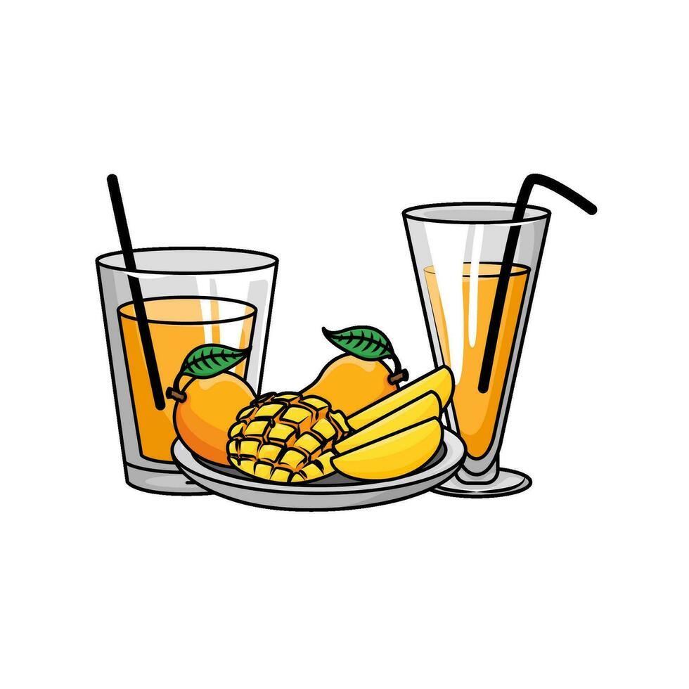 juice mango with mango fruit in plate illustration vector