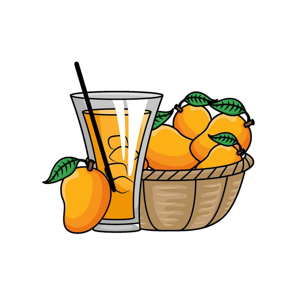 mango fruit in basket with juice mango illustration vector