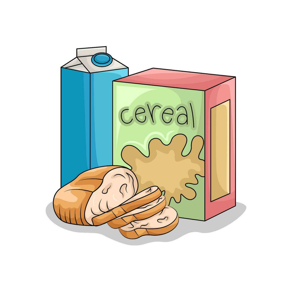 cereal box, milk with wheat bread illustration vector