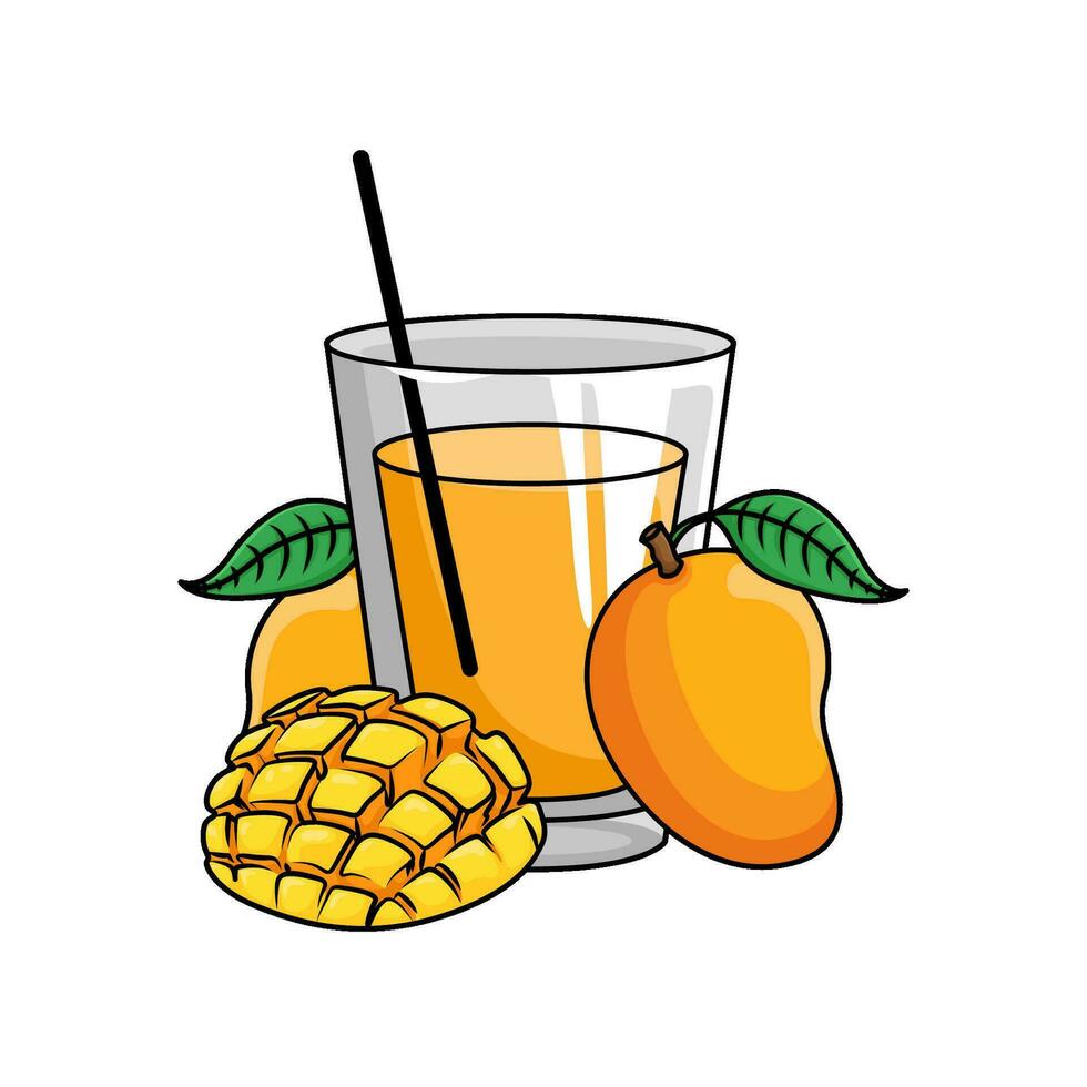 juice mango with mango fruit in plate illustration vector