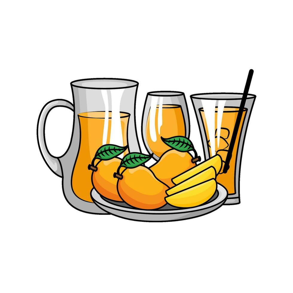 juice mango with mango fruit in plate illustration vector