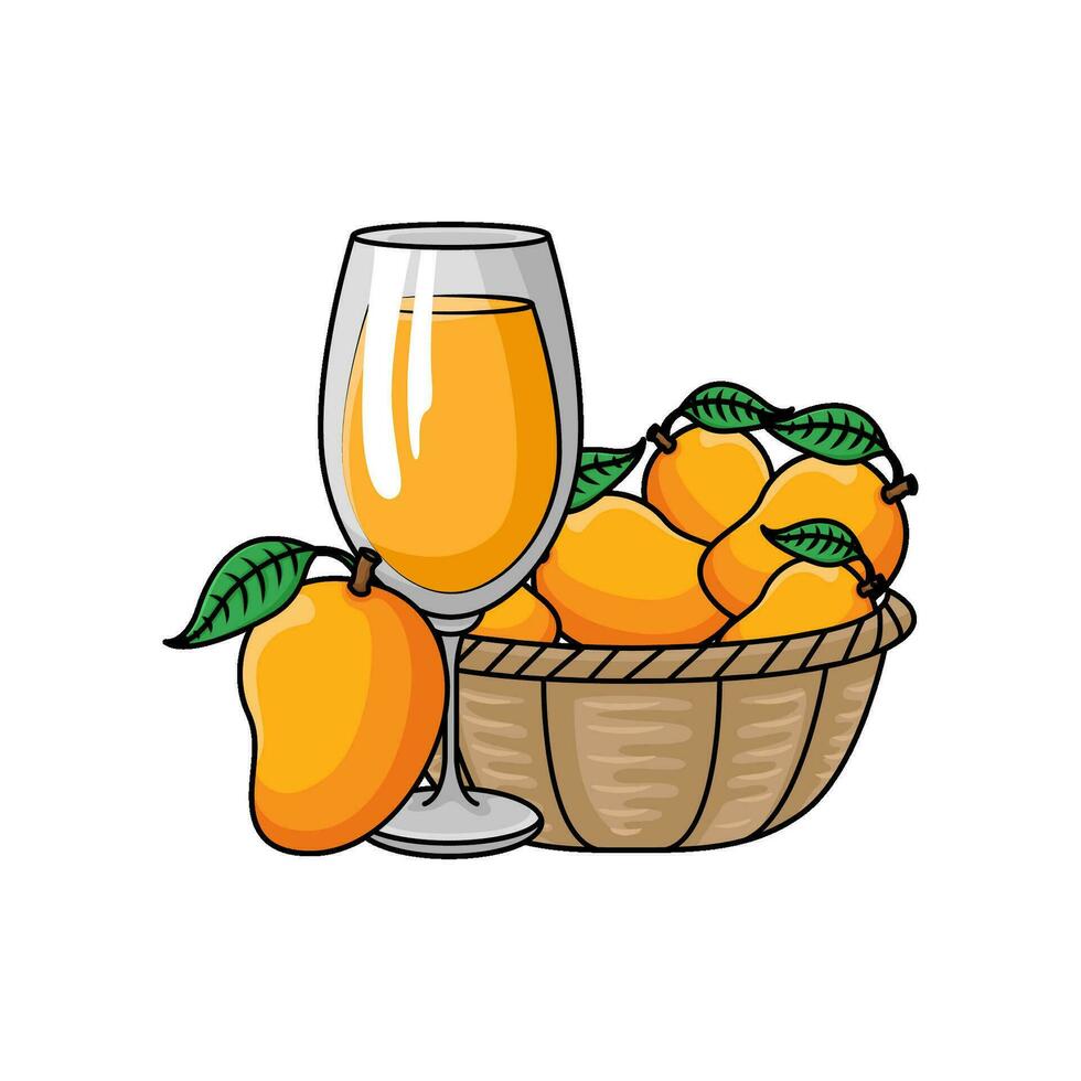 mango fruit in basket with juice mango illustration vector