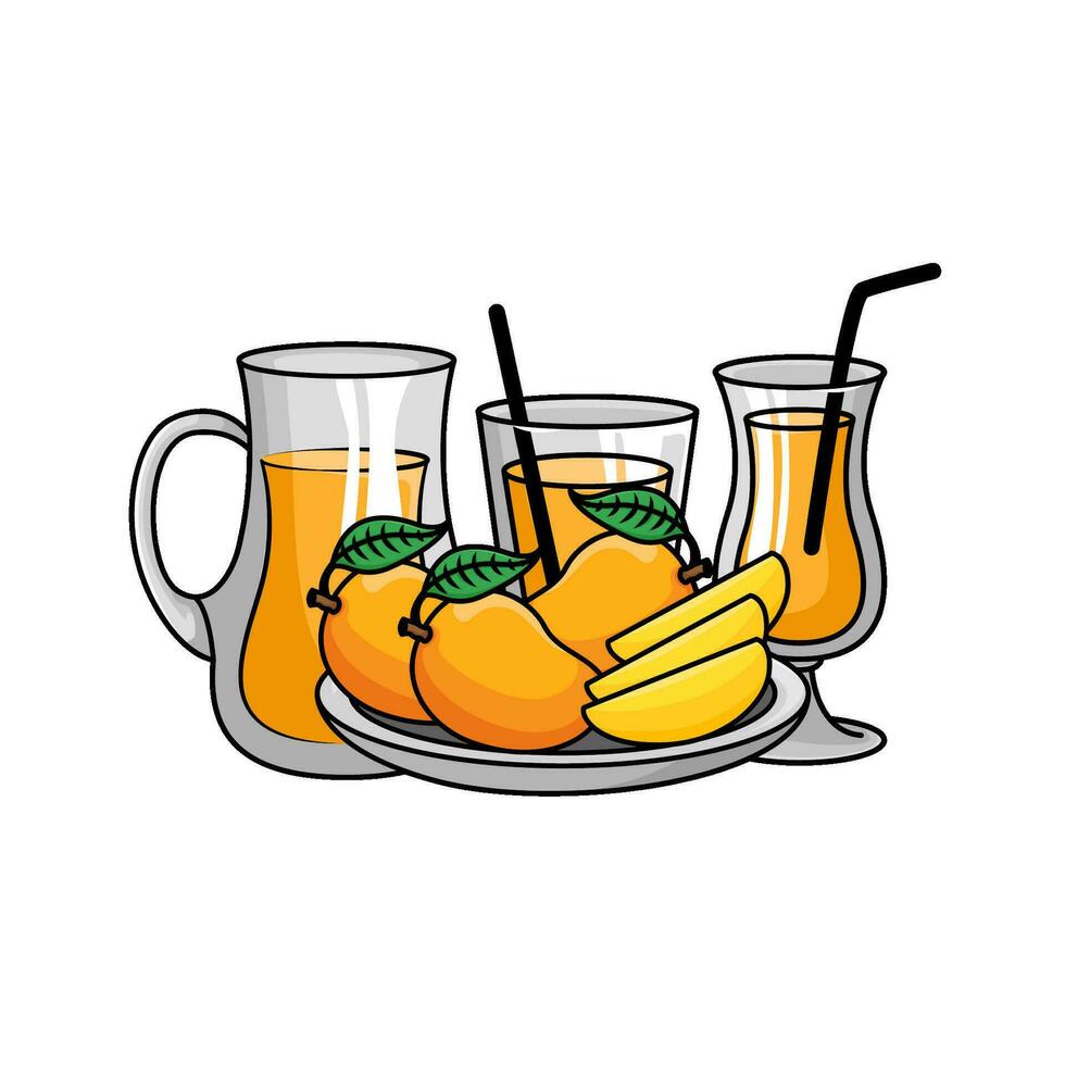 mango juice with mango fruit in plate illustration vector