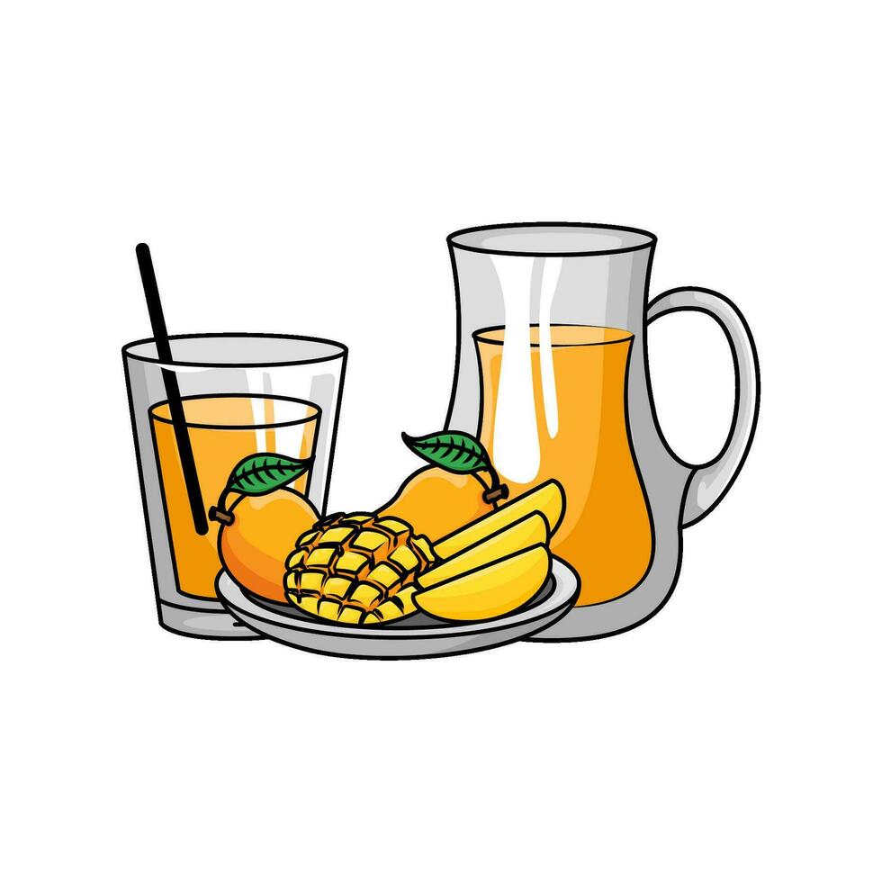 juice mango with mango fruit in plate illustration vector