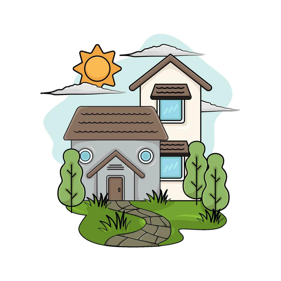 house, tree with summer weather illustration vector