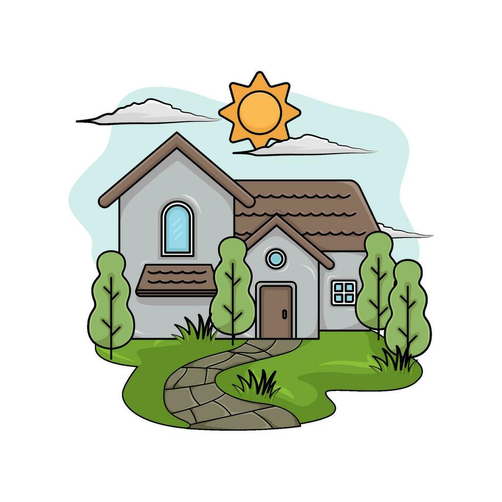 house, tree with summer weather illustration vector