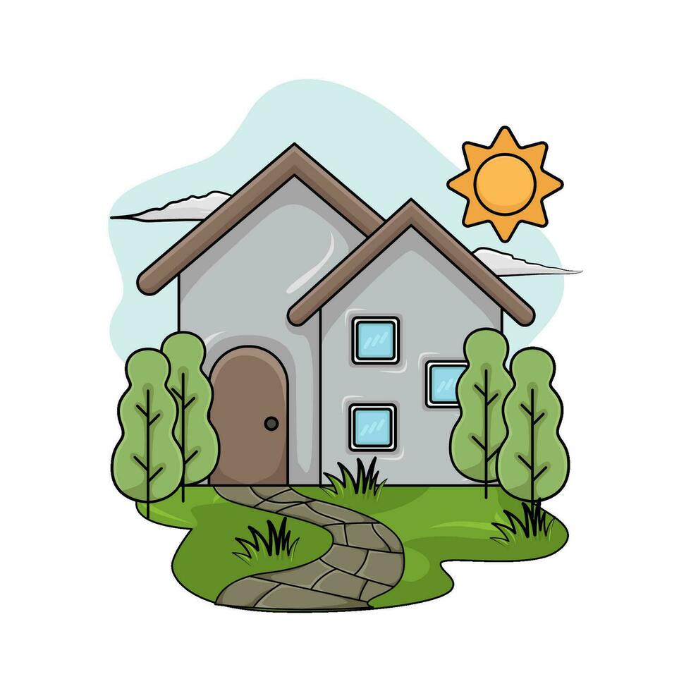 house, tree with summer weather illustration vector