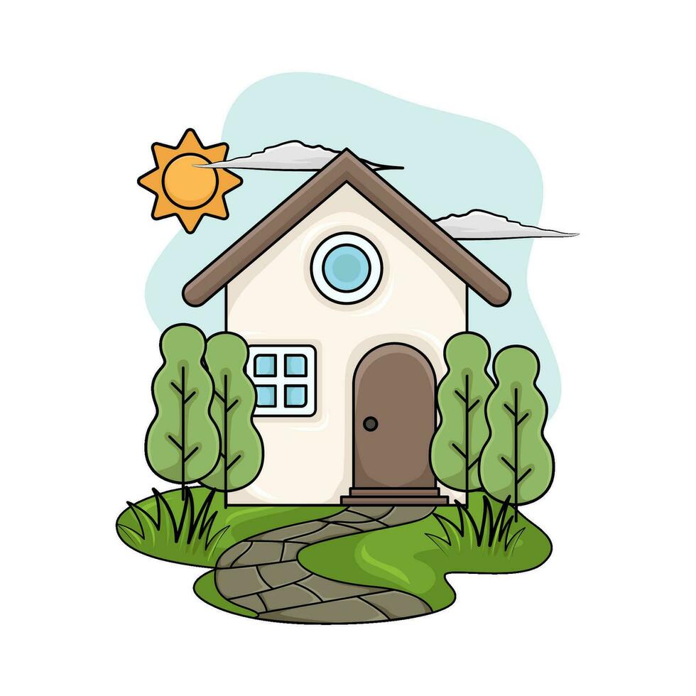 house, tree with summer weather illustration vector