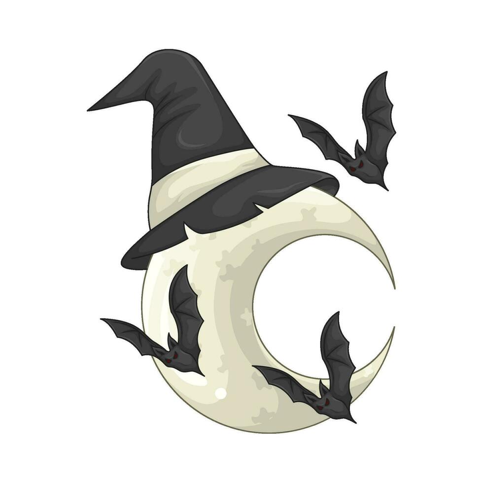spooky hat in moon with bat illustration vector