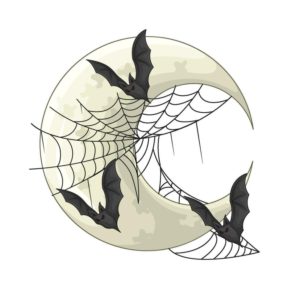 araña web en Luna con murciélago ilustración vector