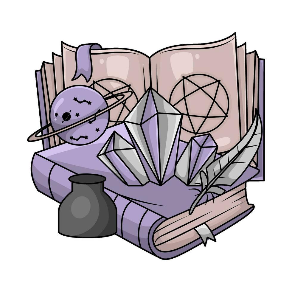 magia libro, diamante, pluma con tinta ilustración vector