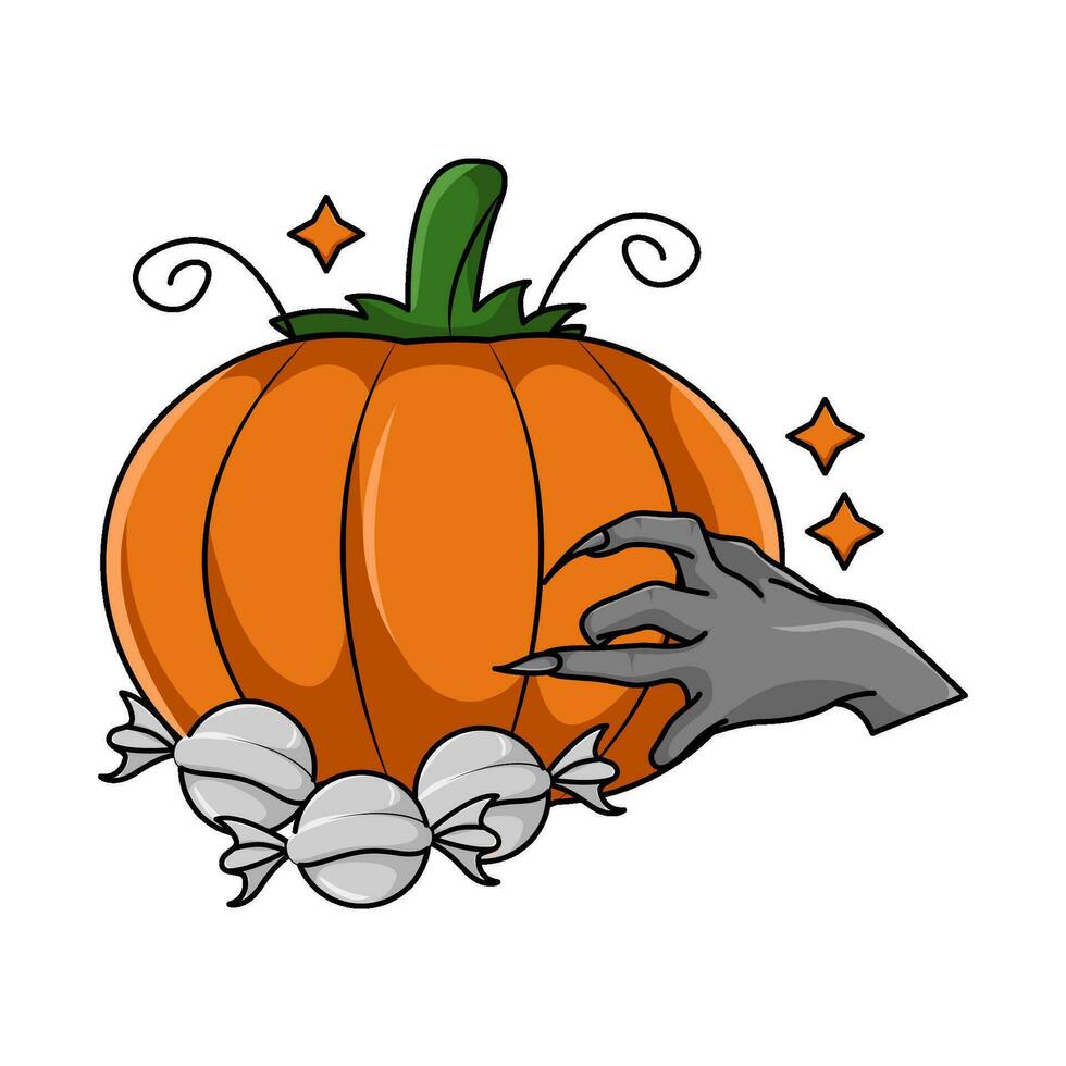 pumpkin, candy with hand illustration vector