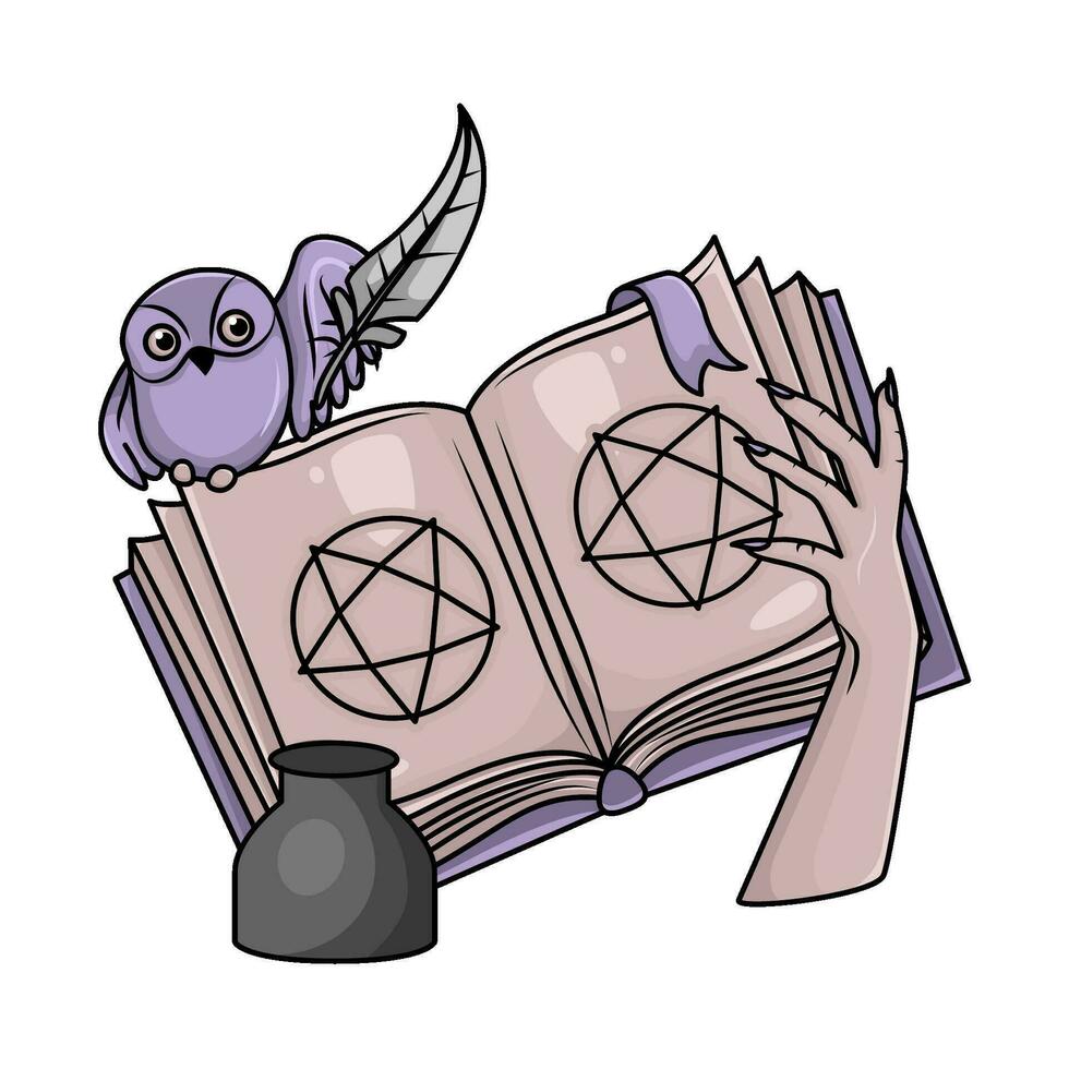 magia libro con búho ilustración vector