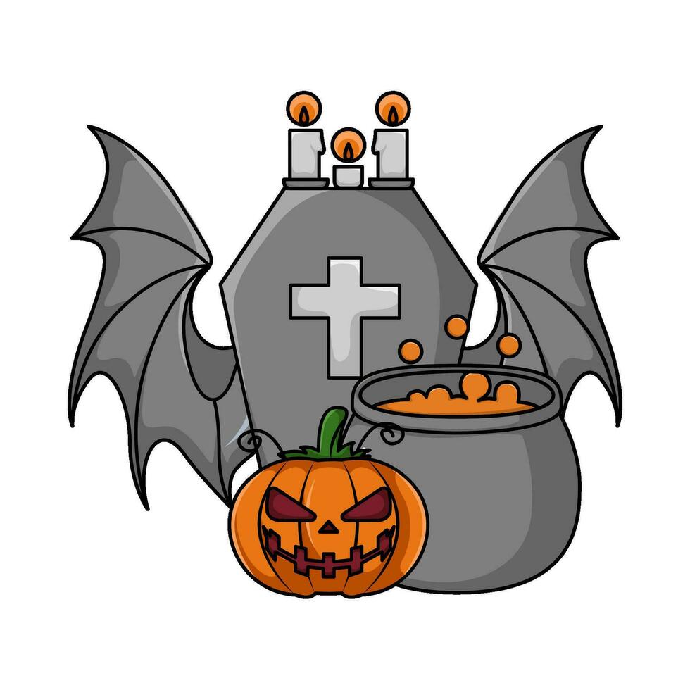 pumpkin, potion with candle in tombstone illustration vector