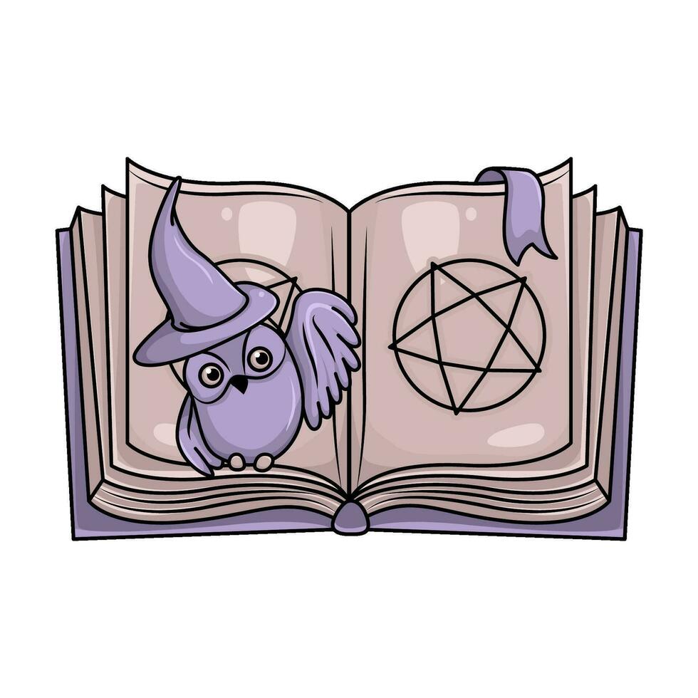 magia libro con búho bruja ilustración vector