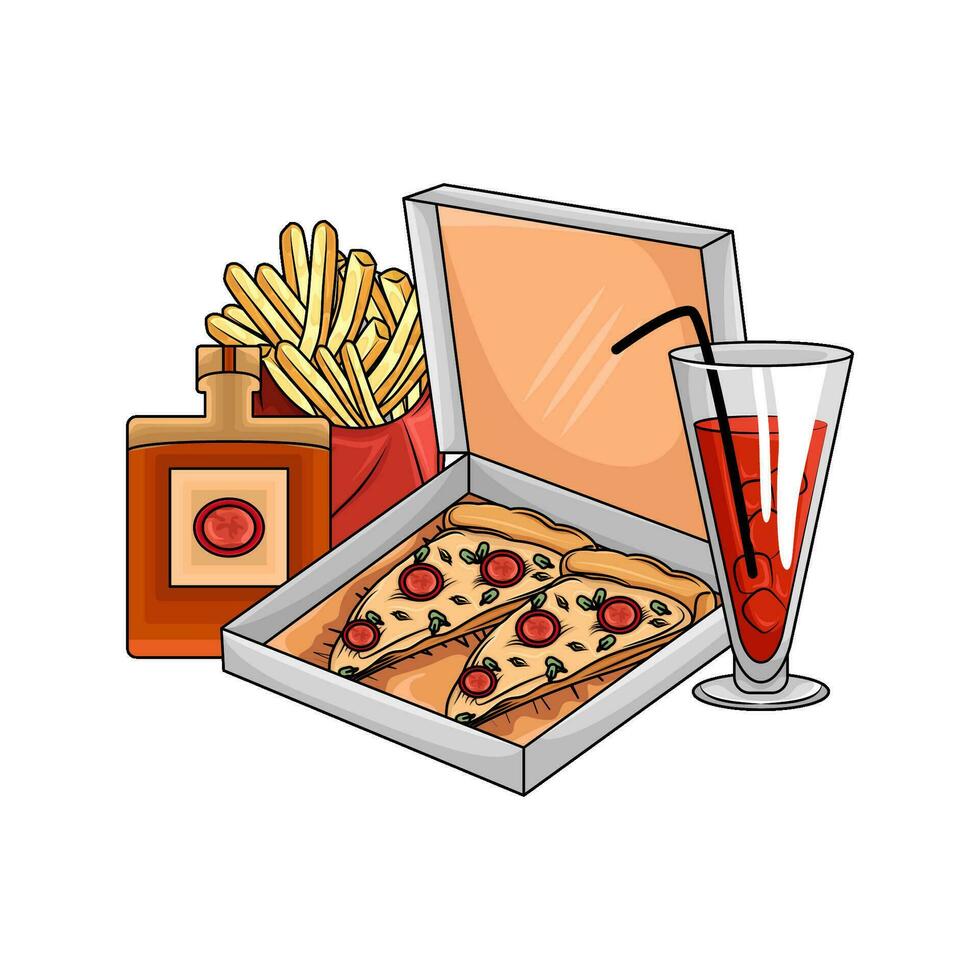 Pizza pepperoni, beber, francés papas fritas con botella salsa ilustración vector