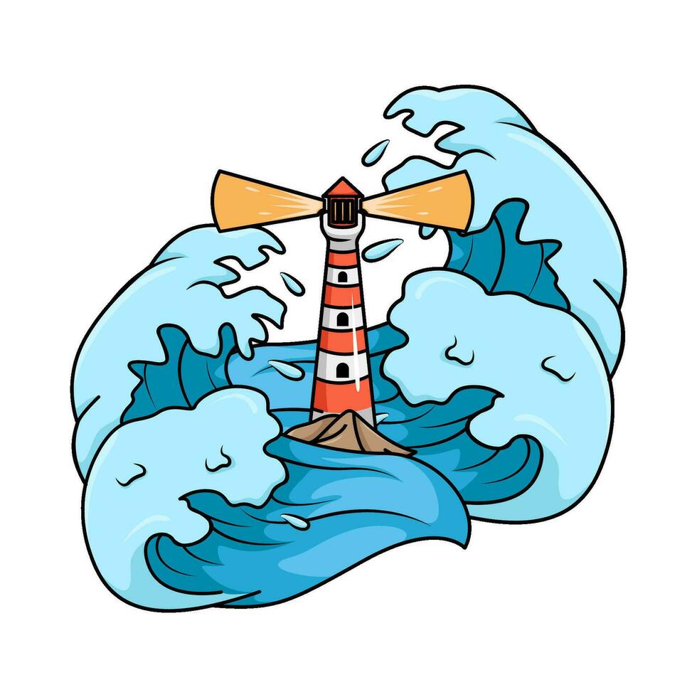 sea wave with mercusuar  illustration vector