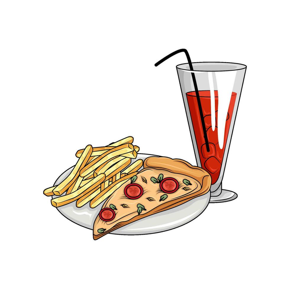 Pizza pepperoni, francés papas fritas con vaso bebida ilustración vector