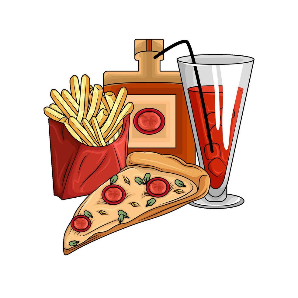 Pizza pepperoni, beber, francés papas fritas con botella salsa ilustración vector