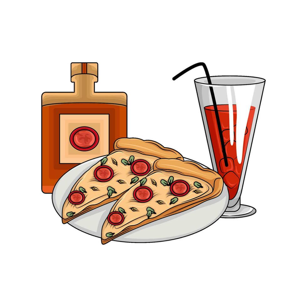 Pizza pepperoni en lámina, vaso bebida con botella salsa ilustración vector
