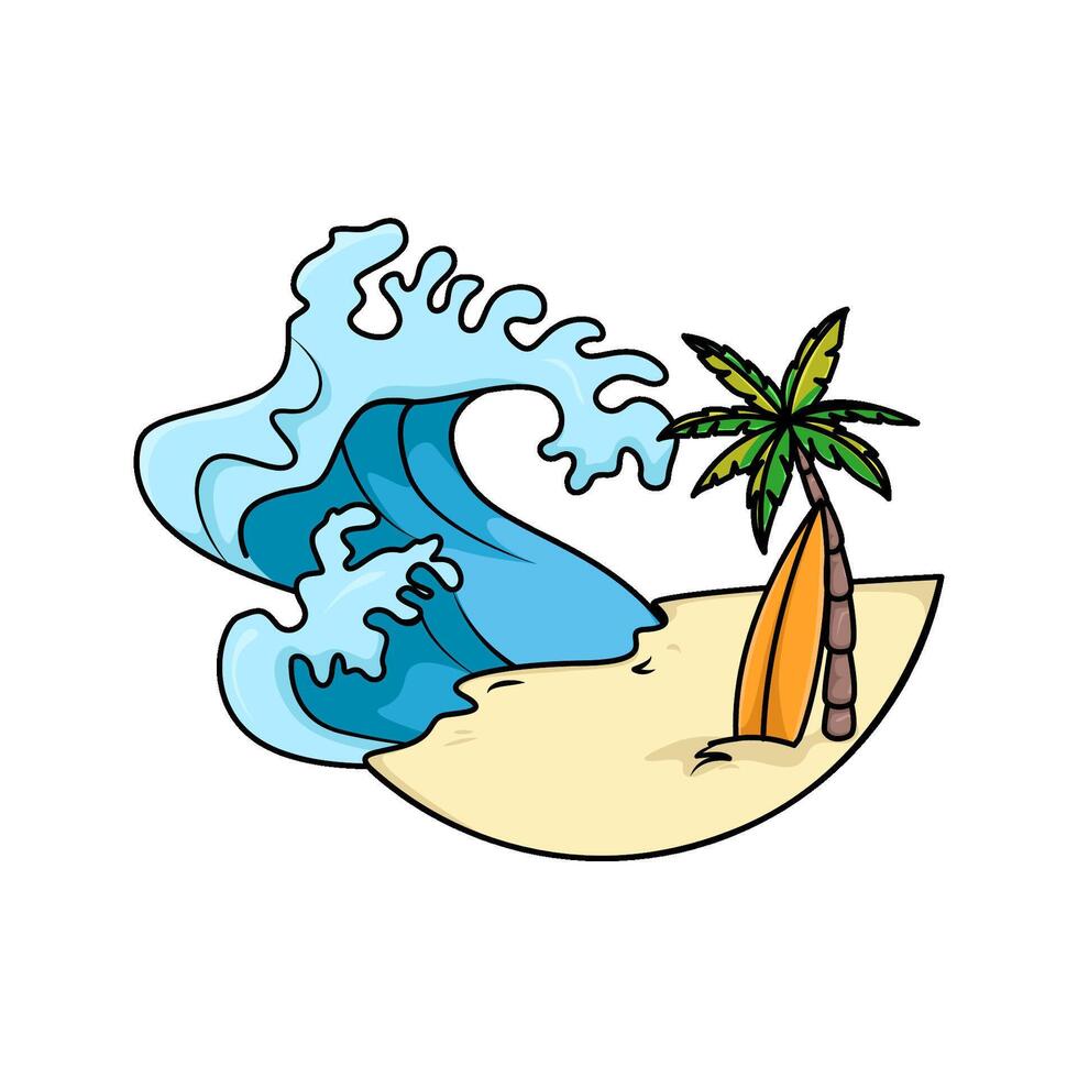 sea wave, palm tree with surfing board  illustration vector