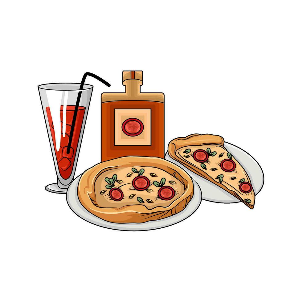 pizza, botella salsa con vaso bebida ilustración vector