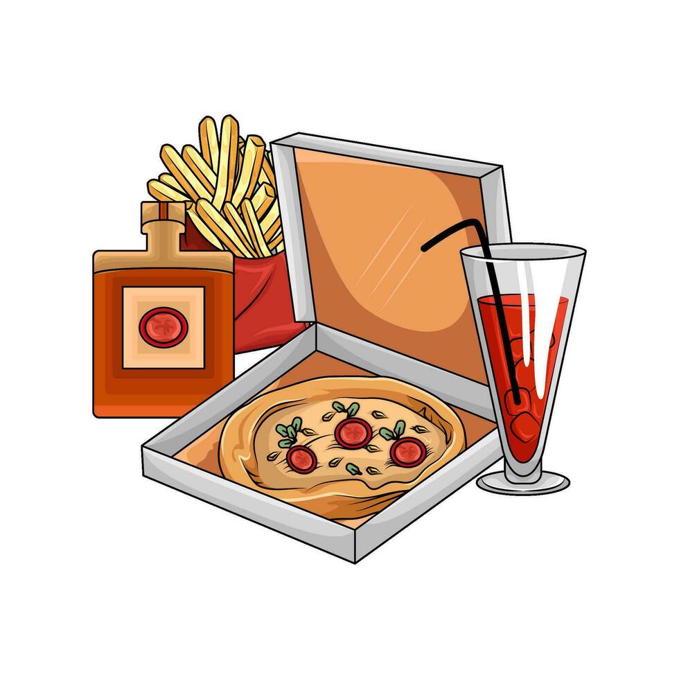 Pizza pepperoni, beber, francés papas fritas con botella salsa ilustración vector