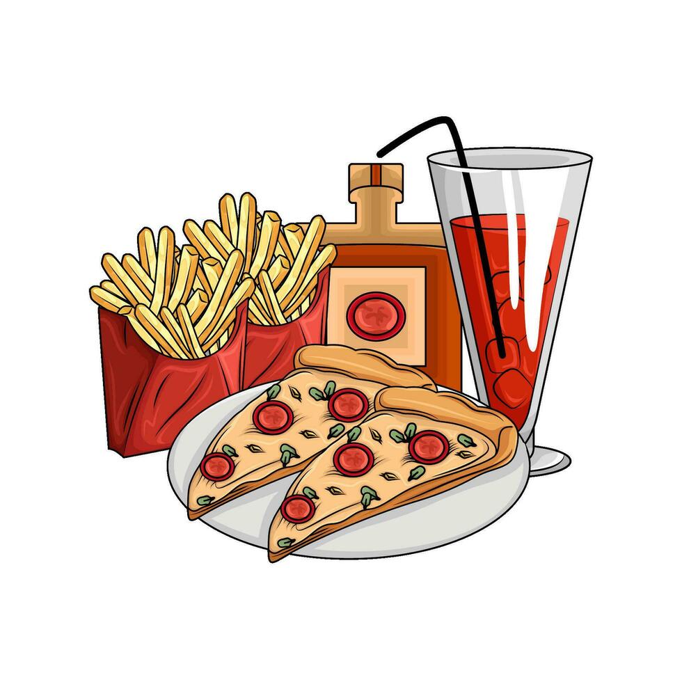 Pizza pepperoni, beber, francés papas fritas con botella salsa ilustración vector