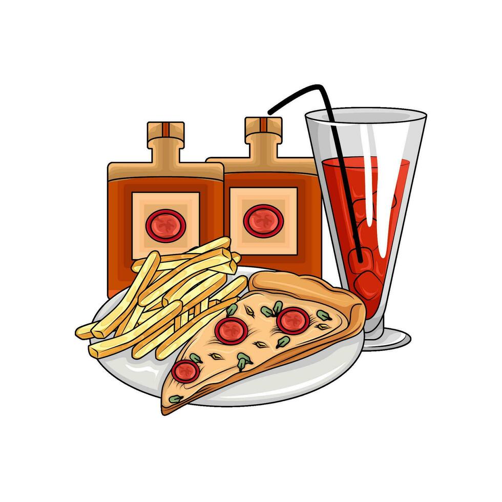 Pizza pepperoni, beber, francés papas fritas con botella salsa ilustración vector