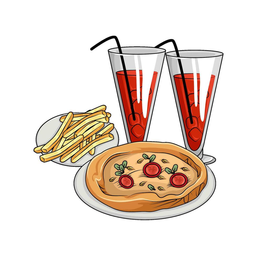 pizza, francés papas fritas con vaso bebida ilustración vector