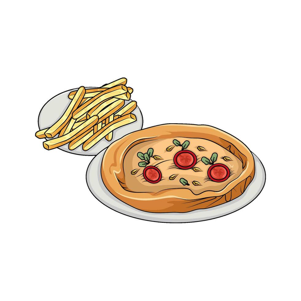 pizza with french fries illustration vector