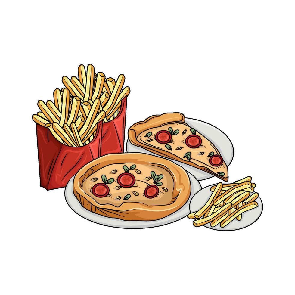 pizza with french fries illustration vector