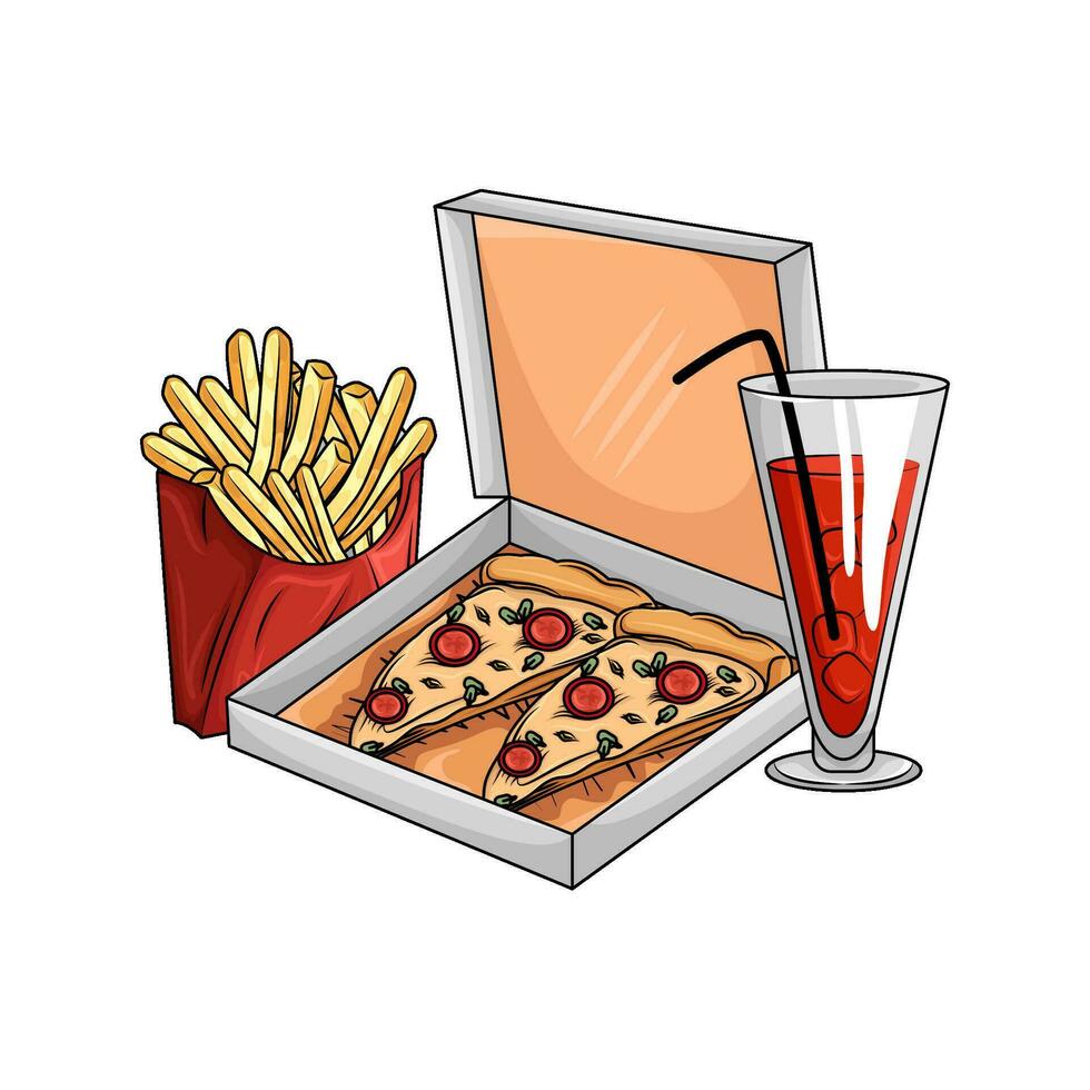 pizza pepperoni with drink illustartion vector