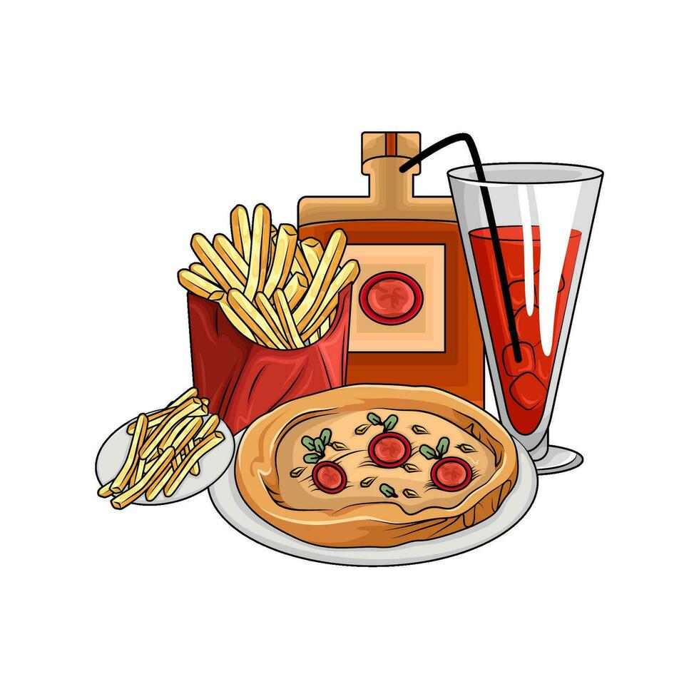 Pizza pepperoni, beber, francés papas fritas con botella salsa ilustración vector