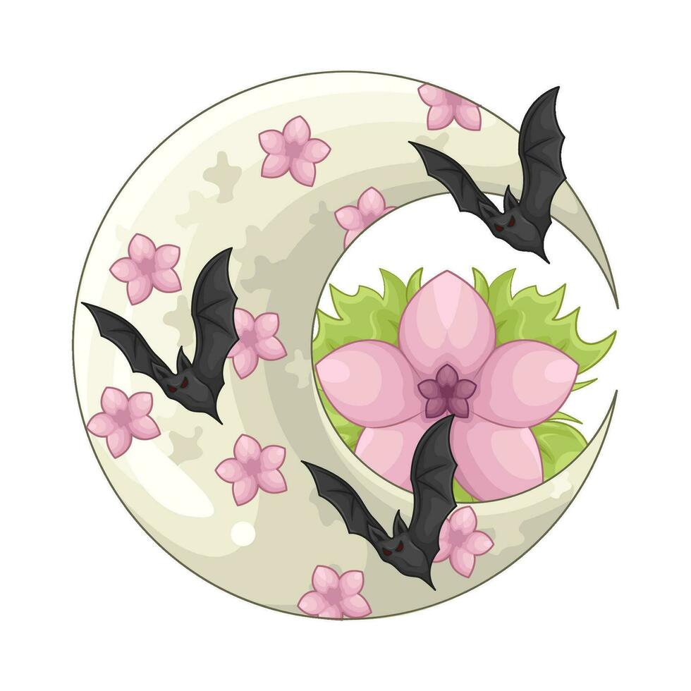 flor en Luna con murciélago ilustración vector