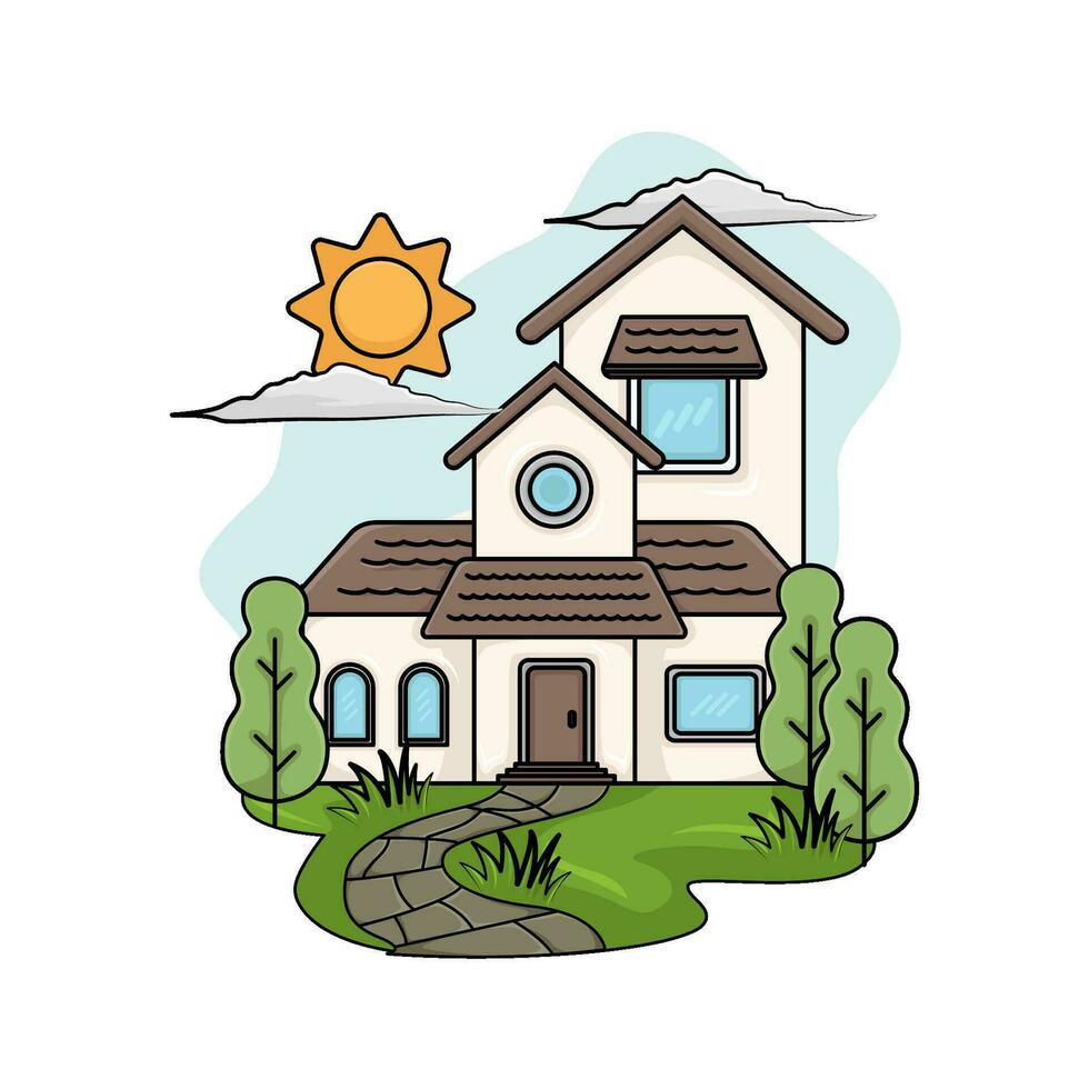 house, tree with summer weather illustration vector