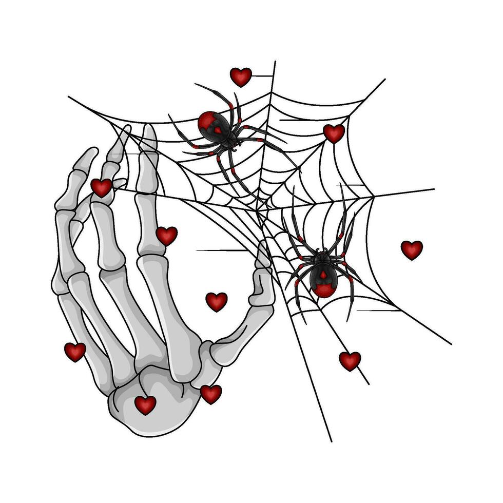 red spider in spider web with bone illustration vector