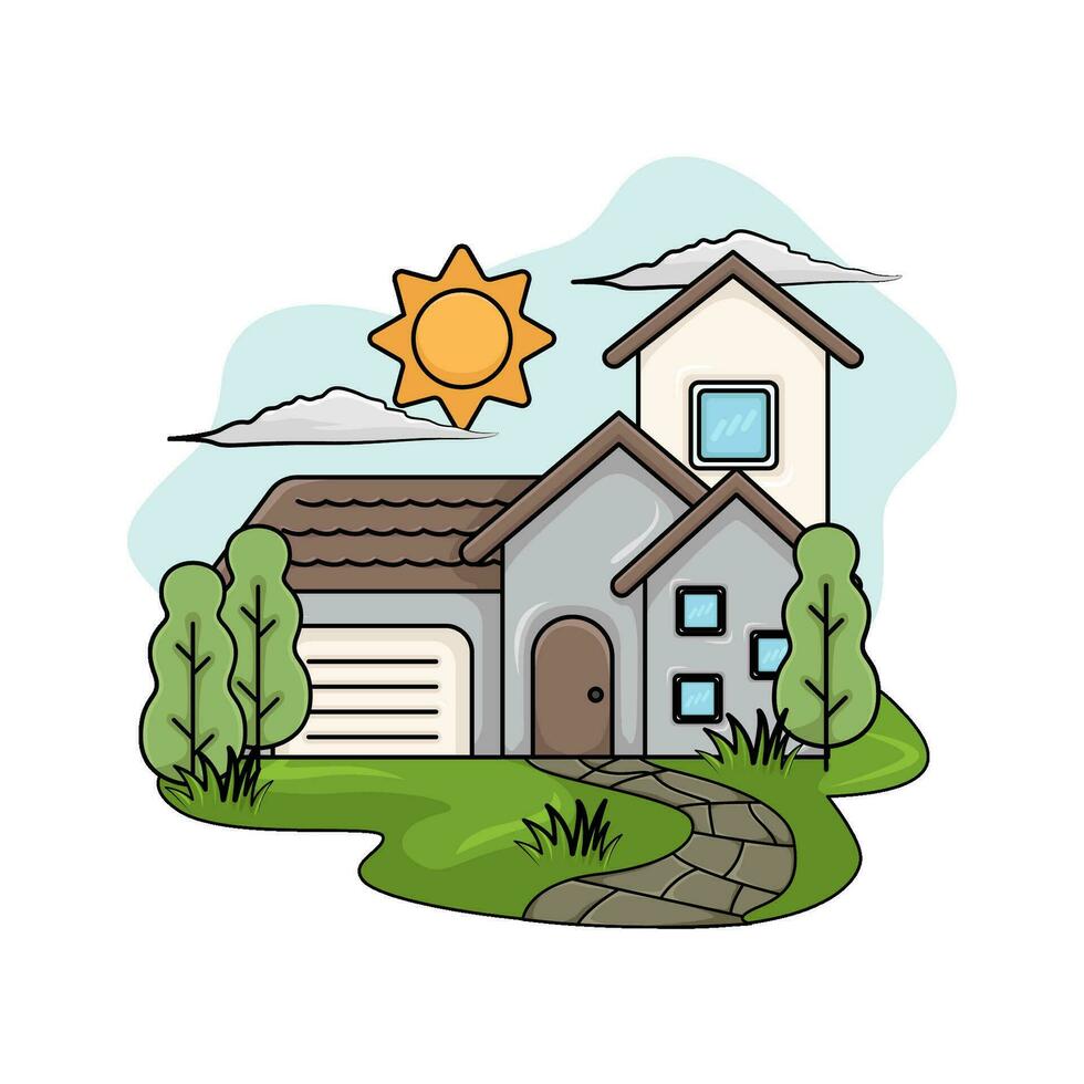 house, tree with summer weather illustration vector