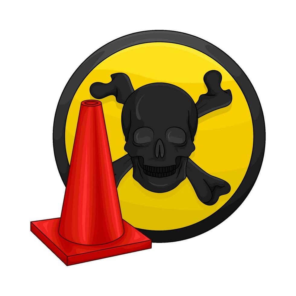 skull in caution board with trafic cone illustration vector