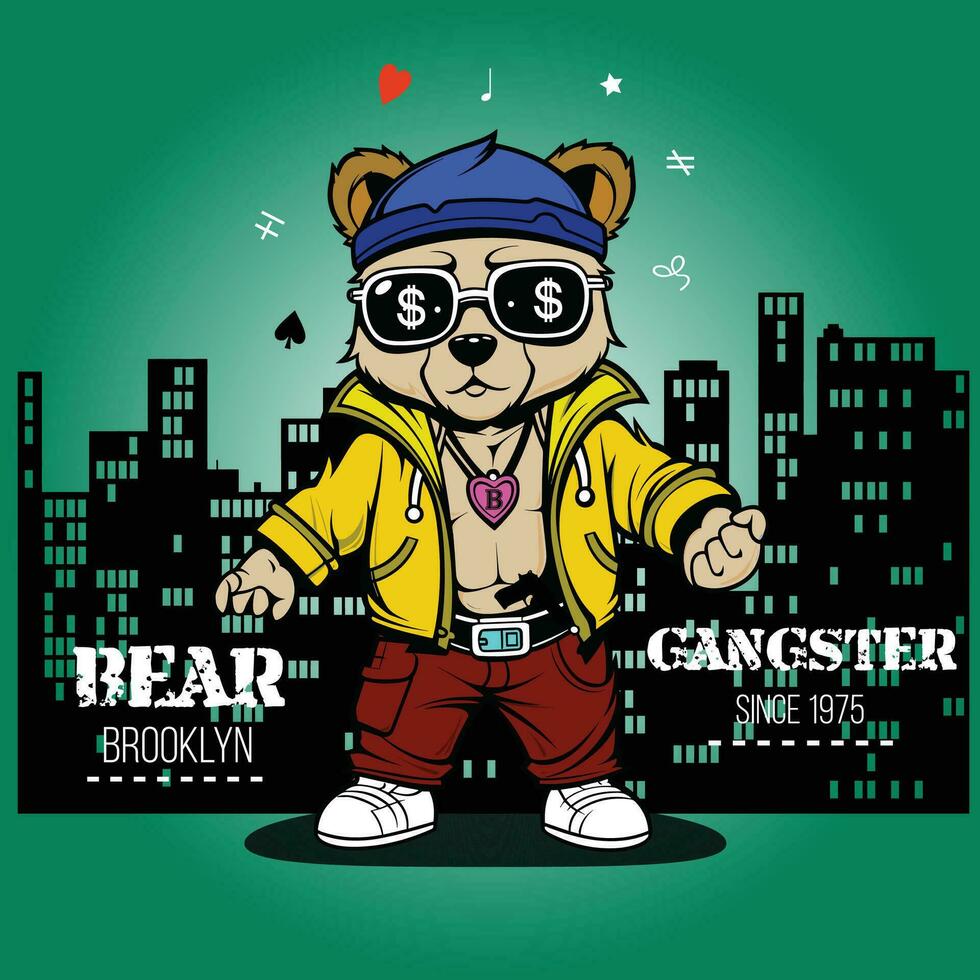 Cute, funny teddy bear in a cap and with a chain on a black background. Gangster kars slogan with a bear doll. Vector illustration