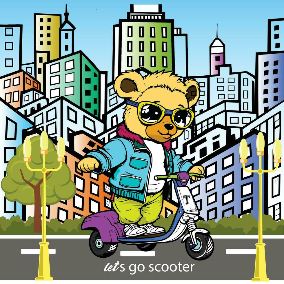 Cute bear scooter vector design.animal illustration.T shirt graphic.