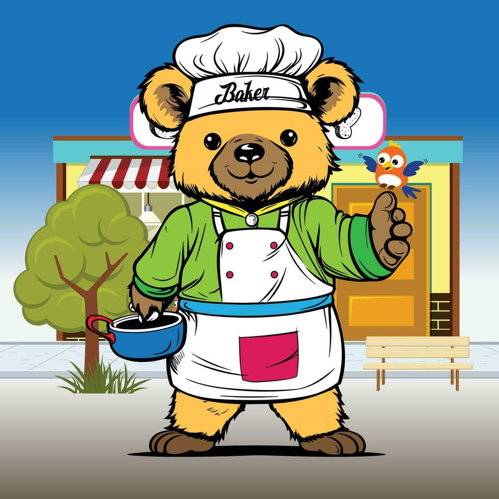 Cute cartoon bear thinking what to cook card ,watercolour illustration isolated on white background. Kids stile, endearing hero , bakery elements vector