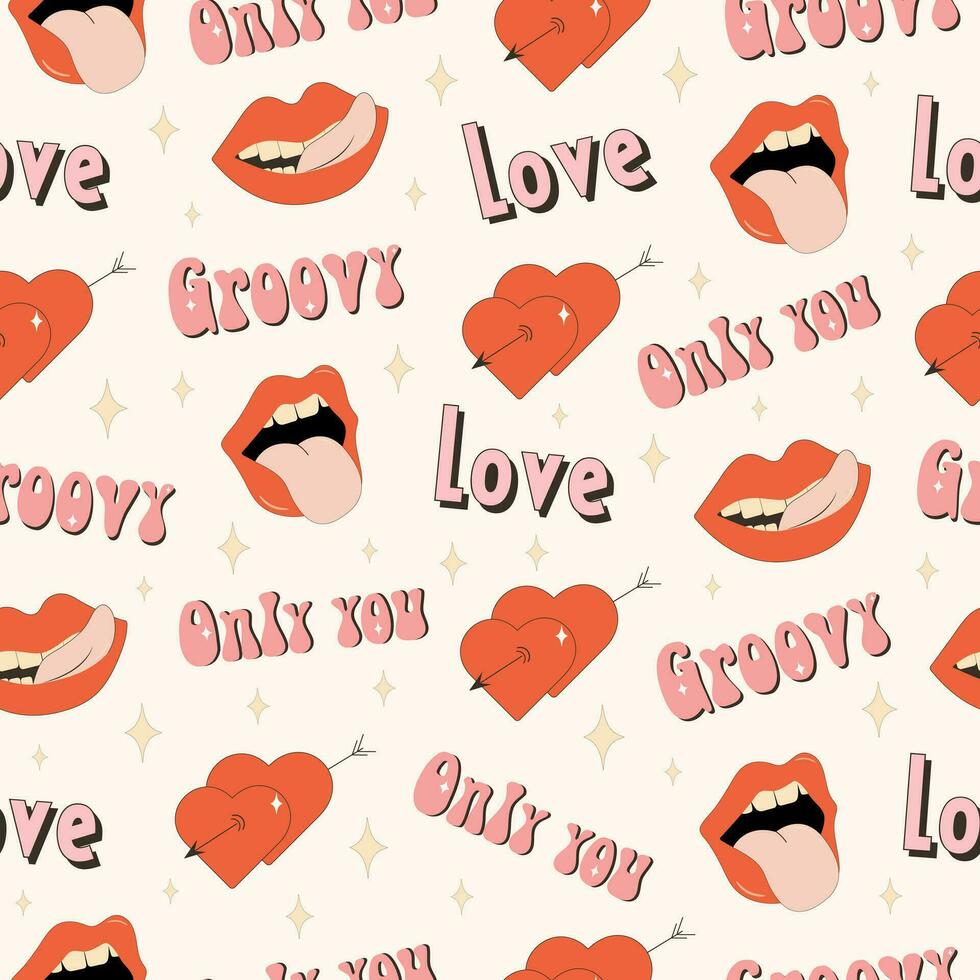 Retro Hippie Groovy Valentines Day seamless pattern.Y2k aesthetic vector