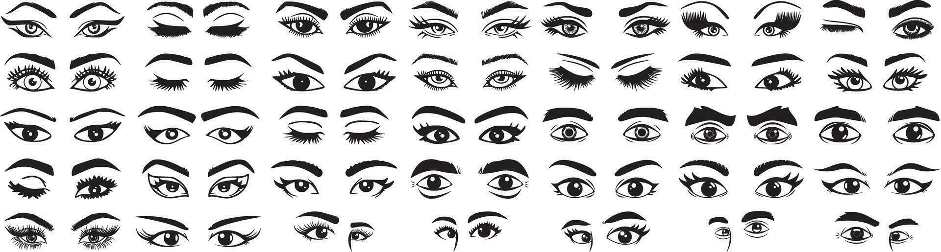 Set of different human eyes silhouette. Eye shapes with eyelash. Hand drawn Eyebrow  vector illustration