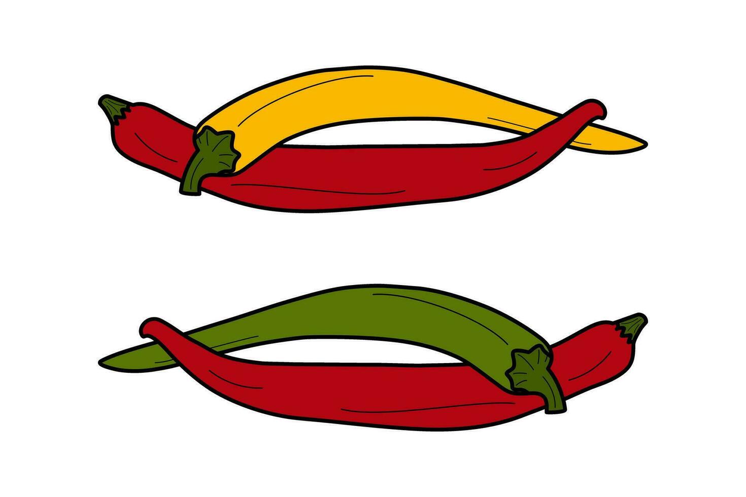 Set of 2 pairs of colorful chili peppers intertwined. Traditional Latin American seasoning and spice vector