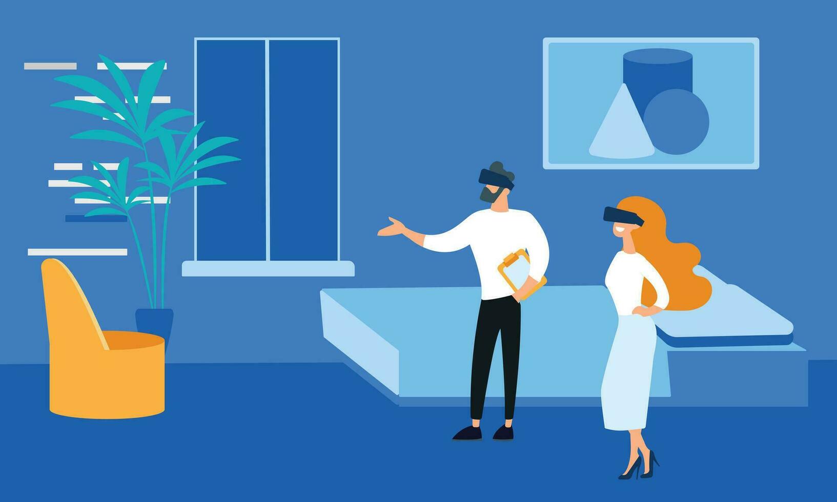 Man and woman in virtual reality glasses. Vector illustration in flat style
